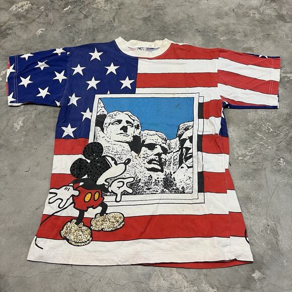 Disney Other - Rare VTG Mickey Mouse Mount Rushmore USA Flag Star Stripes All Over T Shirt 90s